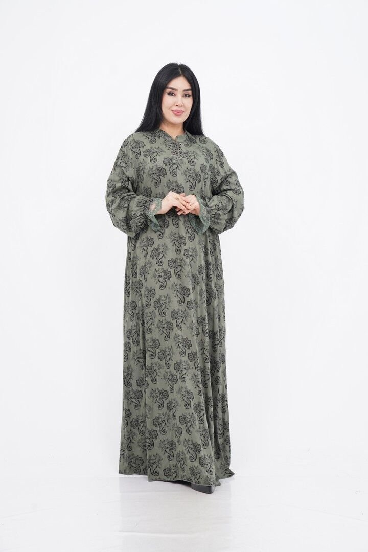 Shawl Pattern Lace Detailed Evening Dress Khaki - 40-48