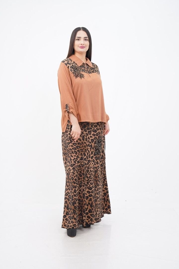 Leopar Desen Dantel Detaylı Bluz Ve Etek Takım