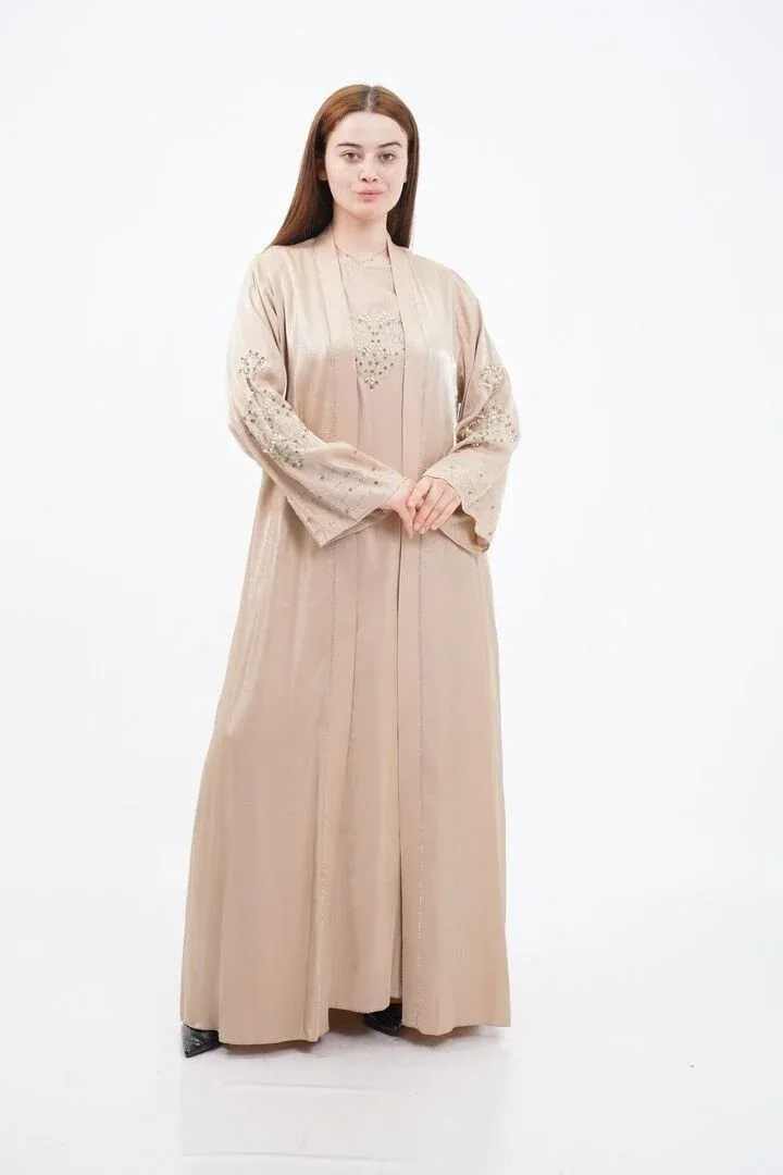 Taş Süslemeli Organze Abaya Elbise Takım