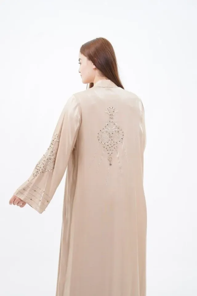 Taş Süslemeli Organze Abaya Elbise Takım