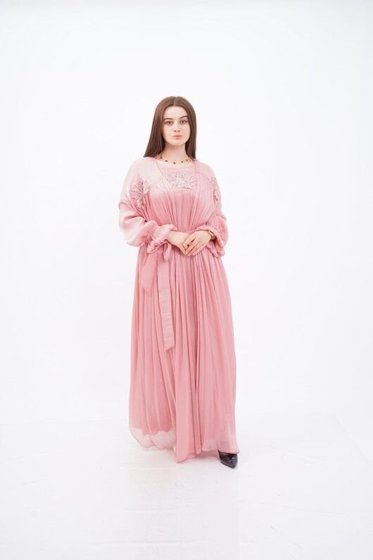 Dantel Aplikeli Dökümlü Abaya Takım