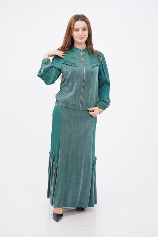 Organza Trimmed Tencel Jacket And Skirt Set