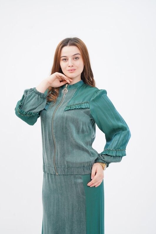 Organza Trimmed Tencel Jacket And Skirt Set