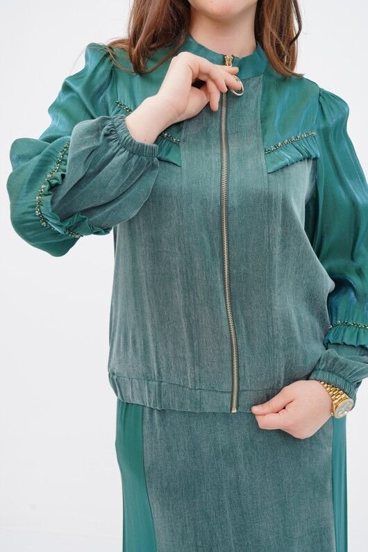Organza Trimmed Tencel Jacket And Skirt Set