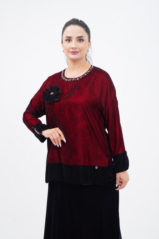 Silk Velvet Blouse and Skirt Set with Floral Brooch