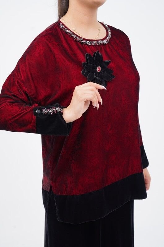 Silk Velvet Blouse and Skirt Set with Floral Brooch