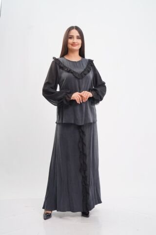 Şerit Fırfırflı Şifon Tensel Bluz Etek Takım