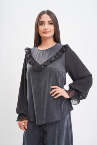 Şerit Fırfırflı Şifon Tensel Bluz Etek Takım