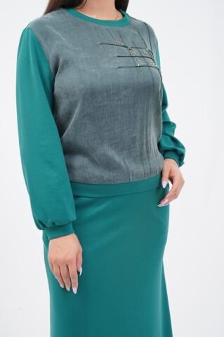 Tensel Örme Kombin Bluz Etek Takım Zümrüt - 38-44