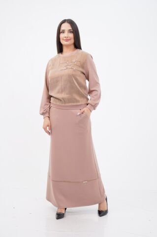 Tensel Örme Kombin Bluz Etek Takım Camel - 38-44