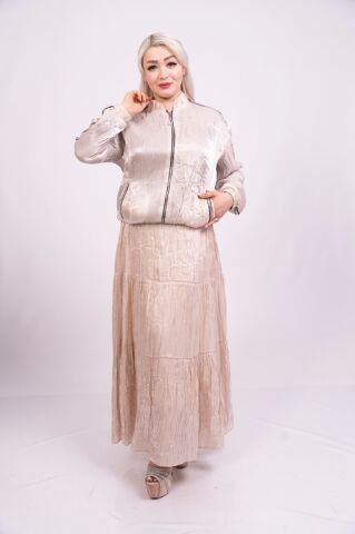 Şerit Taşlı Organze Ceket Etek Takım Bej - 40-48