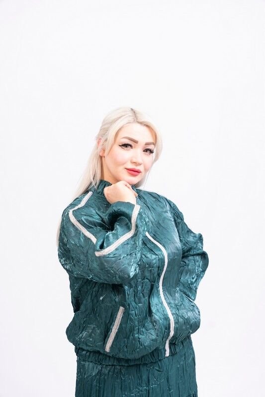 Şerit Taşlı Organze Ceket Etek Takım Zümrüt - 40-48