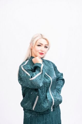 Şerit Taşlı Organze Ceket Etek Takım Zümrüt - 40-48