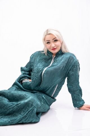 Şerit Taşlı Organze Ceket Etek Takım Zümrüt - 40-48