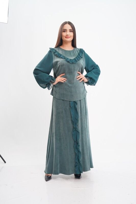 Şerit Fırfırflı Şifon Tensel Bluz Etek Takım Zümrüt - 40-48