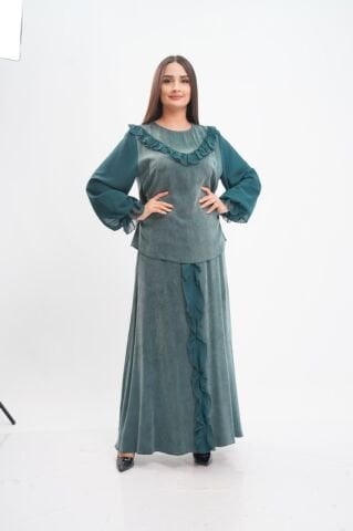 Şerit Fırfırflı Şifon Tensel Bluz Etek Takım Zümrüt - 40-48