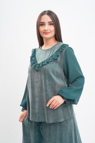 Şerit Fırfırflı Şifon Tensel Bluz Etek Takım Zümrüt - 40-48