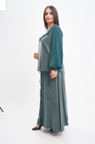 Şerit Fırfırflı Şifon Tensel Bluz Etek Takım Zümrüt - 40-48