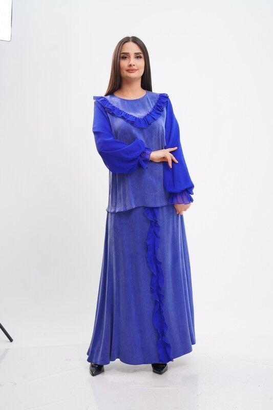 Şerit Fırfırflı Şifon Tensel Bluz Etek Takım Saks - 40-48