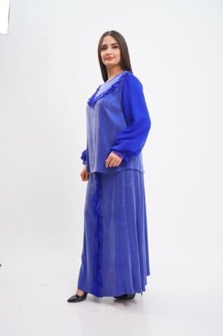 Şerit Fırfırflı Şifon Tensel Bluz Etek Takım Saks - 40-48