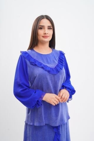 Şerit Fırfırflı Şifon Tensel Bluz Etek Takım Saks - 40-48