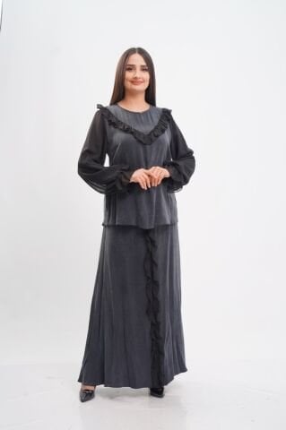 Şerit Fırfırflı Şifon Tensel Bluz Etek Takım Siyah - 40-48