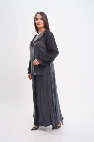 Şerit Fırfırflı Şifon Tensel Bluz Etek Takım Siyah - 40-48