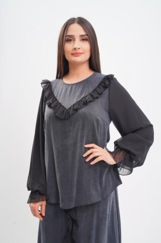 Şerit Fırfırflı Şifon Tensel Bluz Etek Takım Siyah - 40-48