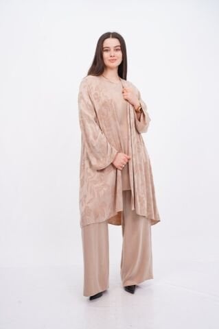 Jakar Desen Tensel Tesettür Üçlü Takım Bej - 40-48