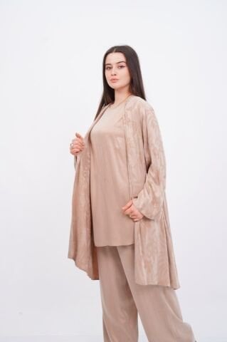 Jakar Desen Tensel Tesettür Üçlü Takım Bej - 40-48