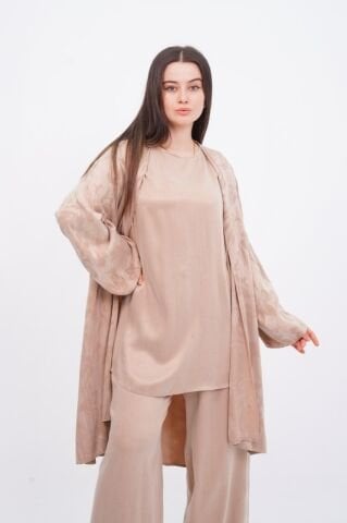 Jakar Desen Tensel Tesettür Üçlü Takım Bej - 40-48