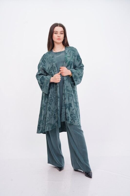 Jakar Desen Tensel Tesettür Üçlü Takım Zümrüt - 40-48