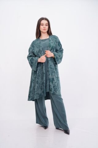 Jakar Desen Tensel Tesettür Üçlü Takım Zümrüt - 40-48