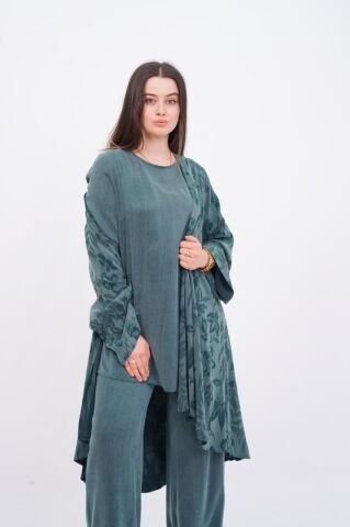 Jakar Desen Tensel Tesettür Üçlü Takım Zümrüt - 40-48