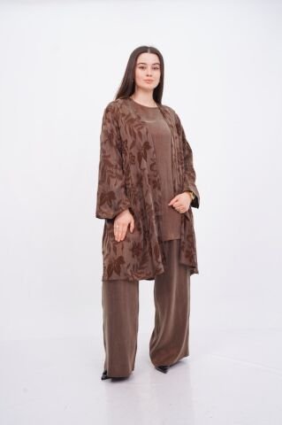 Jakar Desen Tensel Tesettür Üçlü Takım Kahve - 40-48