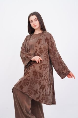 Jakar Desen Tensel Tesettür Üçlü Takım Kahve - 40-48