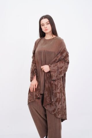 Jakar Desen Tensel Tesettür Üçlü Takım Kahve - 40-48