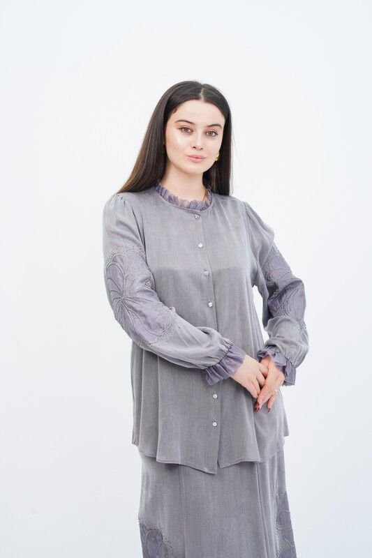 Organze Nakış Detay Fırfır Yaka Gömlek Etek Takım Gri - 40-48