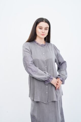 Organze Nakış Detay Fırfır Yaka Gömlek Etek Takım Gri - 40-48