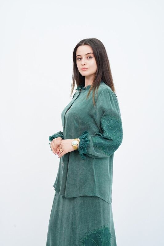 Organze Nakış Detay Fırfır Yaka Gömlek Etek Takım Zümrüt - 40-48