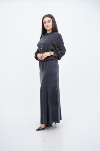 Organze Nakış Detay Fırfır Yaka Gömlek Etek Takım Siyah - 40-48