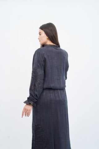 Organze Nakış Detay Fırfır Yaka Gömlek Etek Takım Siyah - 40-48