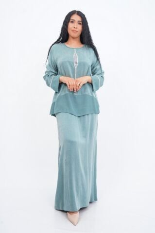 Şerit Taş Detay Bluz Etek Takım Mint - 40-48