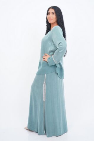 Şerit Taş Detay Bluz Etek Takım Mint - 40-48