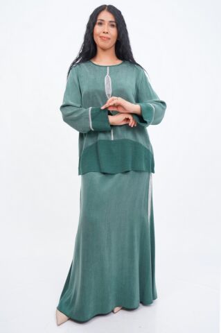 Şerit Taş Detay Bluz Etek Takım Zümrüt - 40-48