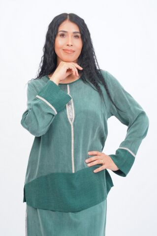 Şerit Taş Detay Bluz Etek Takım Zümrüt - 40-48