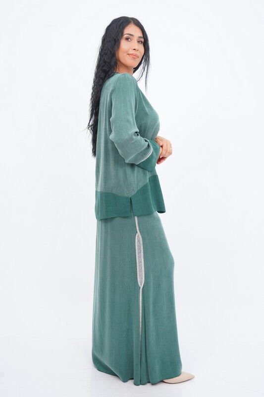 Şerit Taş Detay Bluz Etek Takım Zümrüt - 40-48