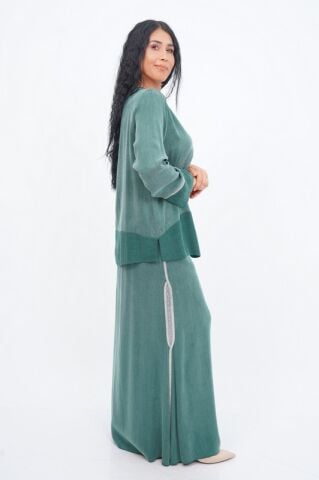 Şerit Taş Detay Bluz Etek Takım Zümrüt - 40-48