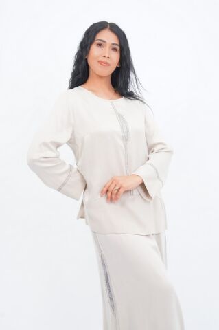 Şerit Taş Detay Bluz Etek Takım Beyaz - 40-48