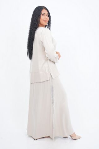 Şerit Taş Detay Bluz Etek Takım Beyaz - 40-48